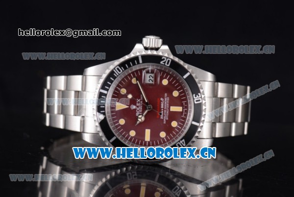 Rolex Tropical Red Submariner Vintage Asia 2813 Automatic Stainless Steel Case/Bracelet Red Dial PVD Bezel and Dot Markers - Click Image to Close